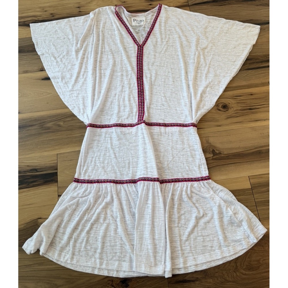 Pitusa Petite White Cover Up Dress Boho Embroidered Trim Beach Tunic